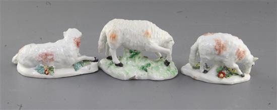 Three Derby figures of ewes, c. 1760-5, Some faults